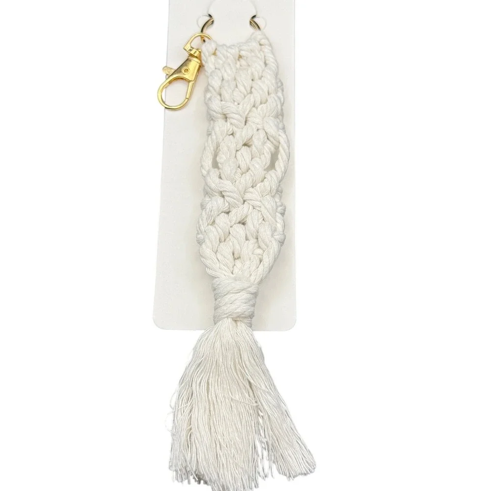 Handmade Macrame Tassel Keychain Wristlet White Cotton Gold Lobster Clasp Boho